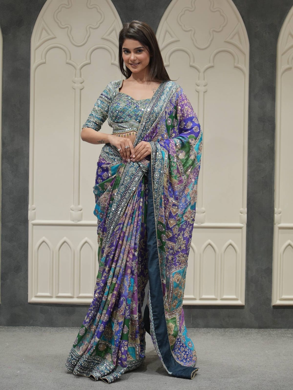 Soft Chinon Silk Designer Saree with Kalamkari Print, Real Mirror & Hand Embroidery