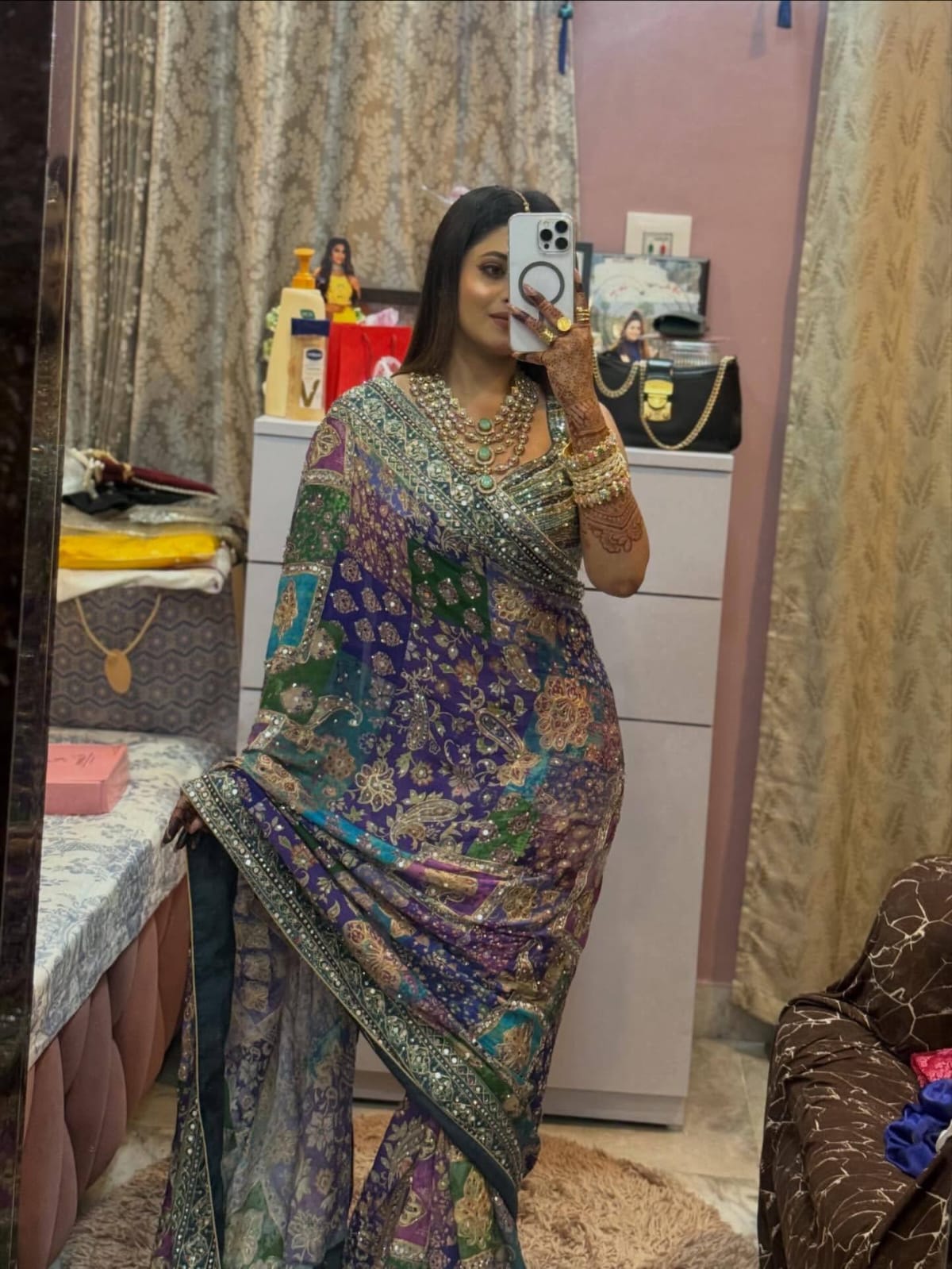 Soft Chinon Silk Designer Saree with Kalamkari Print, Real Mirror & Hand Embroidery