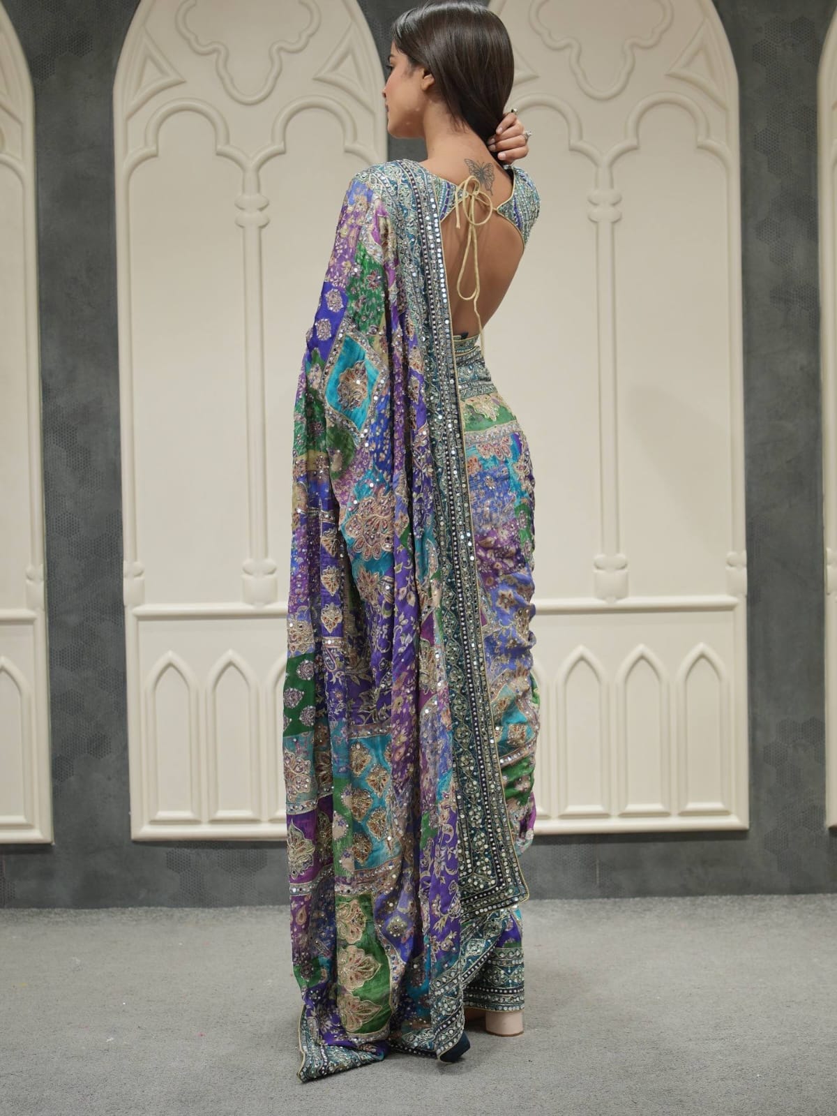 Soft Chinon Silk Designer Saree with Kalamkari Print, Real Mirror & Hand Embroidery