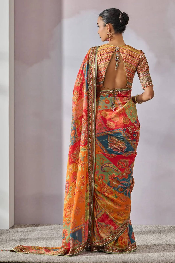 Soft Chinon Silk Designer Saree with Kalamkari Print, Real Mirror & Hand Embroidery