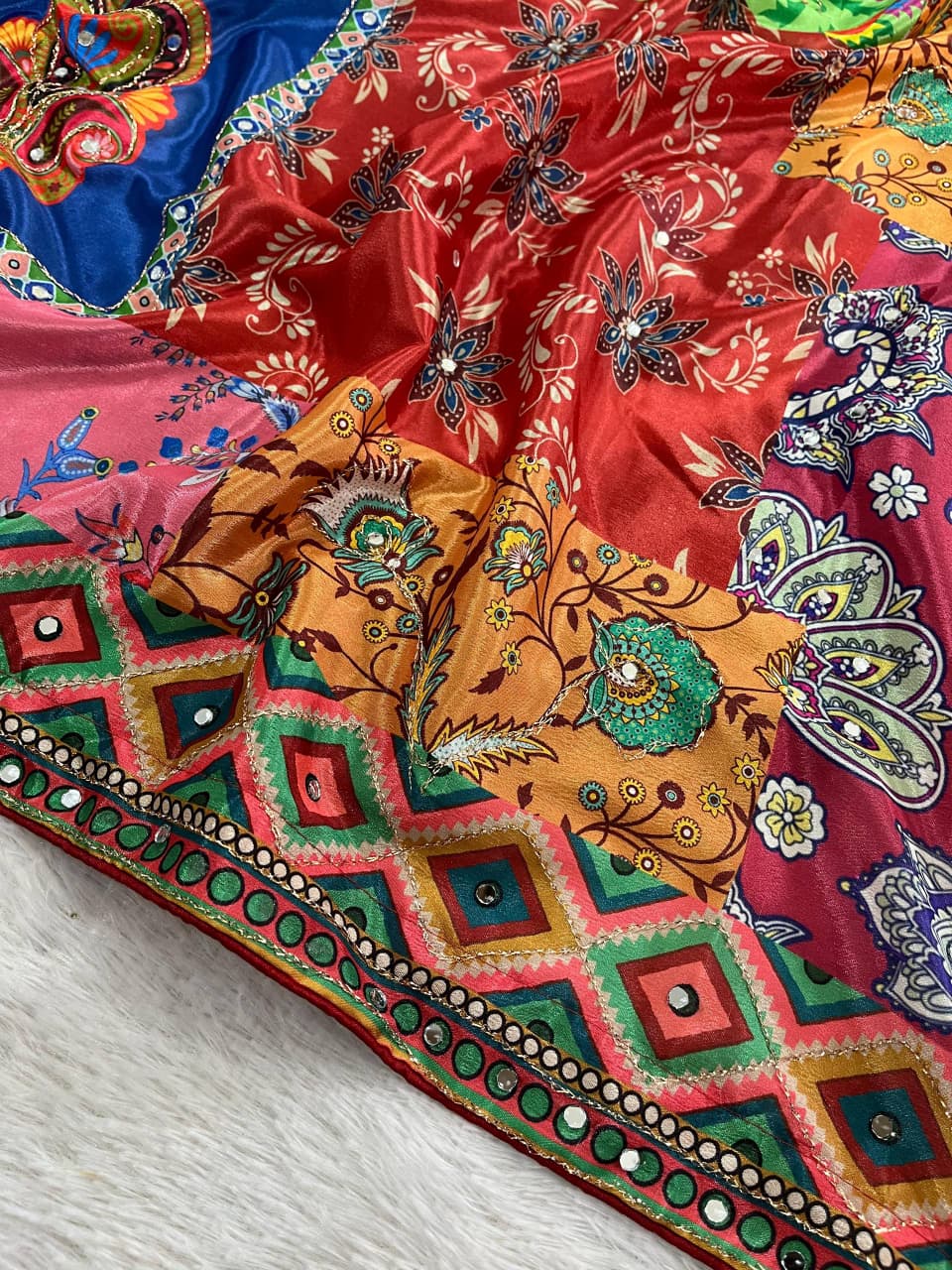Soft Chinon Silk Designer Saree with Kalamkari Print, Real Mirror & Hand Embroidery