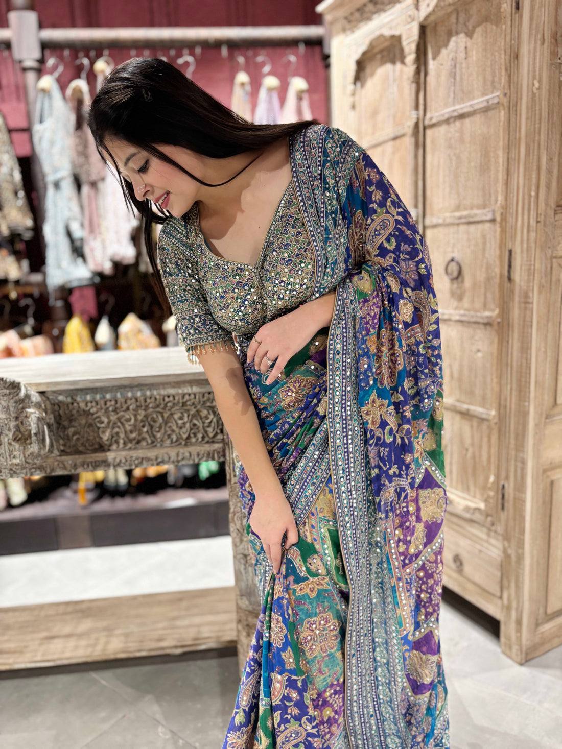 Soft Chinon Silk Designer Saree with Kalamkari Print, Real Mirror & Hand Embroidery