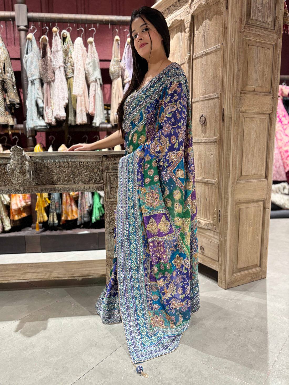 Soft Chinon Silk Designer Saree with Kalamkari Print, Real Mirror & Hand Embroidery