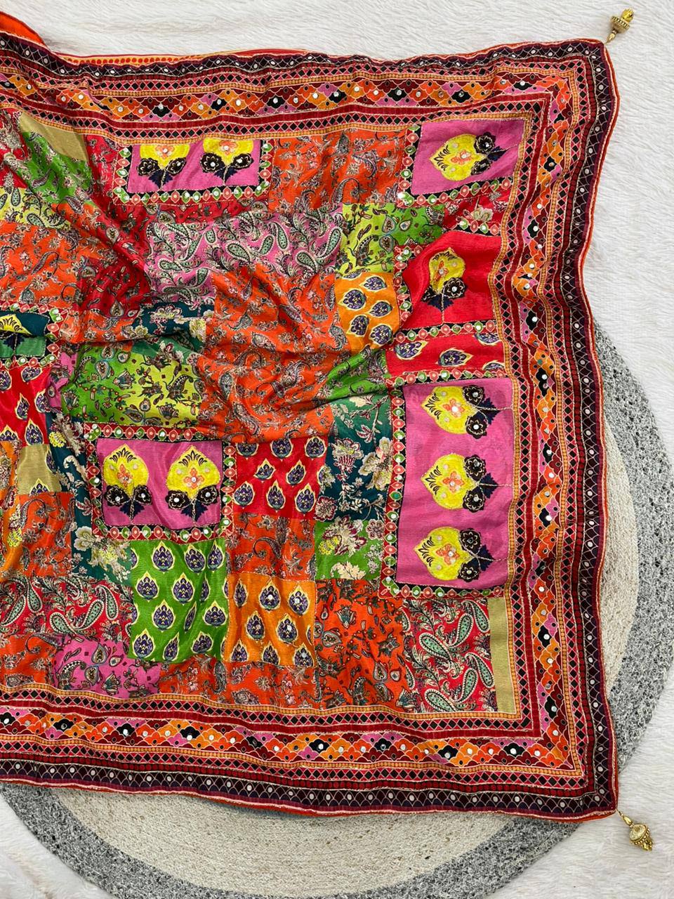 Soft Chinon Silk Designer Saree with Kalamkari Print, Real Mirror & Hand Embroidery