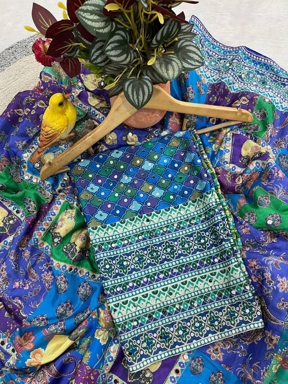Soft Chinon Silk Designer Saree with Kalamkari Print, Real Mirror & Hand Embroidery