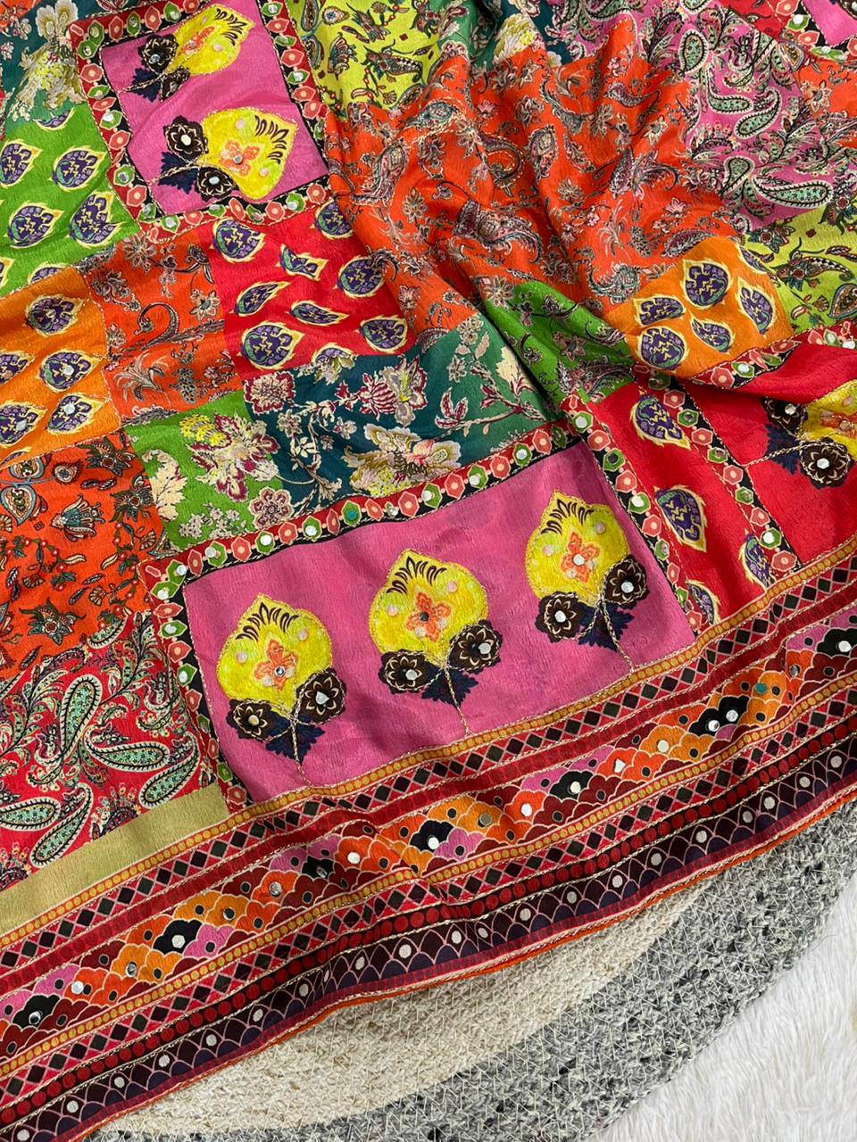 Soft Chinon Silk Designer Saree with Kalamkari Print, Real Mirror & Hand Embroidery