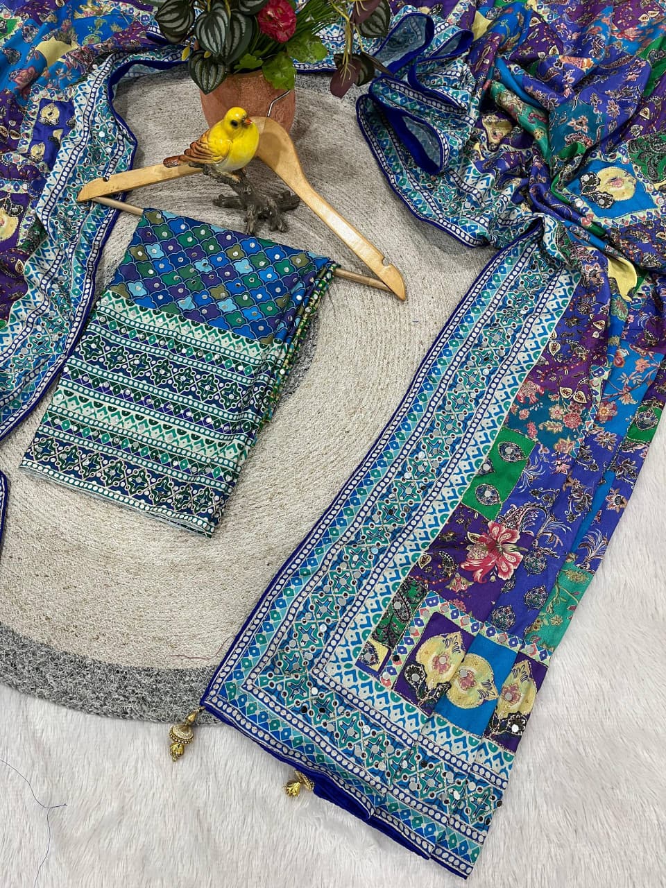 Soft Chinon Silk Designer Saree with Kalamkari Print, Real Mirror & Hand Embroidery