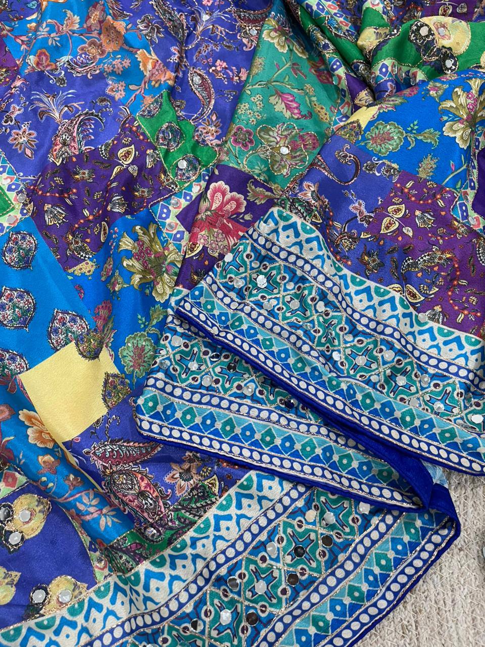 Soft Chinon Silk Designer Saree with Kalamkari Print, Real Mirror & Hand Embroidery