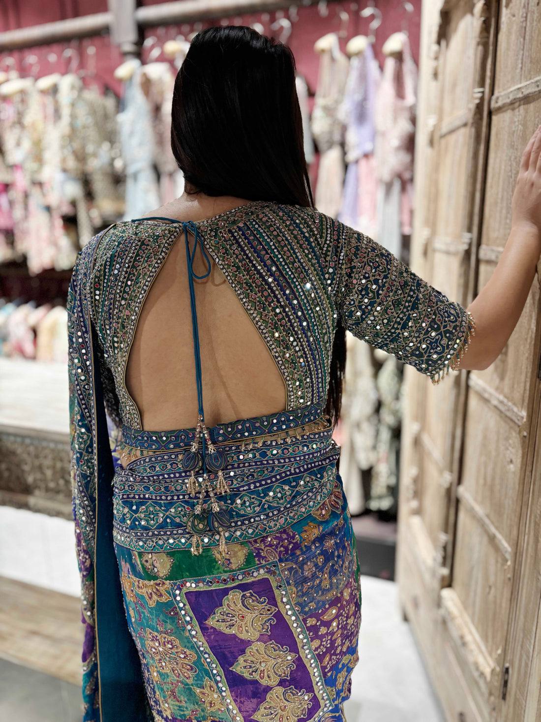 Soft Chinon Silk Designer Saree with Kalamkari Print, Real Mirror & Hand Embroidery