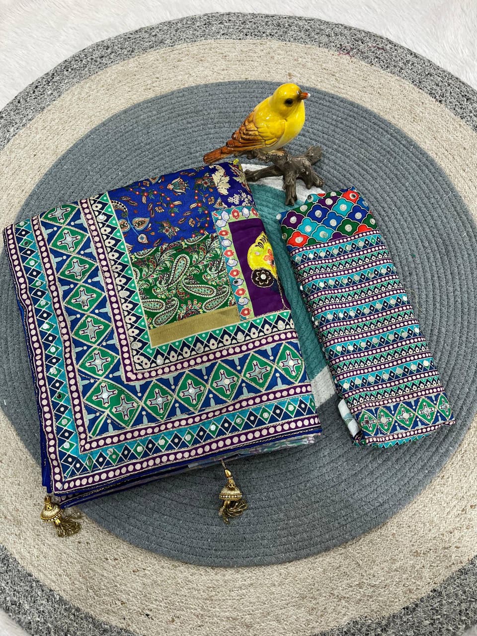 Soft Chinon Silk Designer Saree with Kalamkari Print, Real Mirror & Hand Embroidery