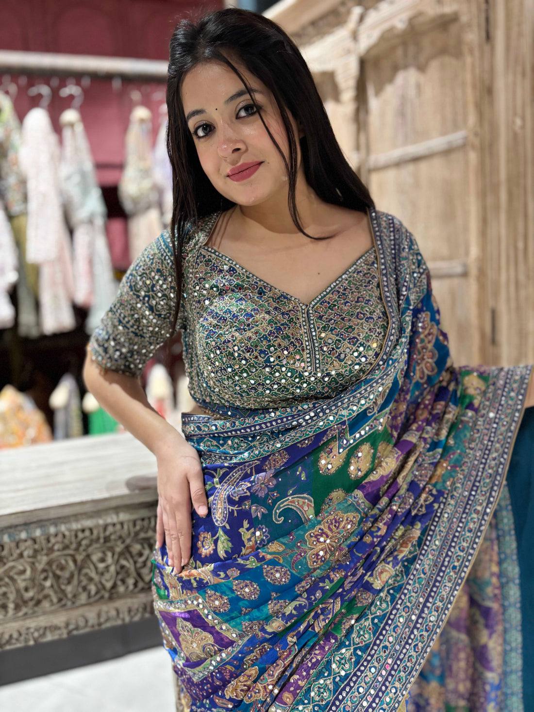 Soft Chinon Silk Designer Saree with Kalamkari Print, Real Mirror & Hand Embroidery