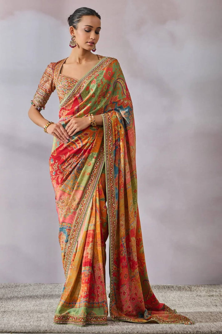 Soft Chinon Silk Designer Saree with Kalamkari Print, Real Mirror & Hand Embroidery