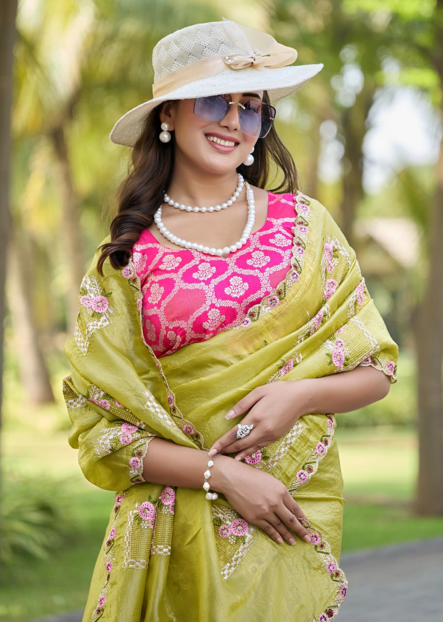 Festive Pure Gold Crush Silk Embroidered Saree with Swarovski Detailing