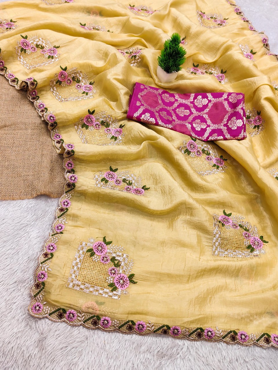 Festive Pure Gold Crush Silk Embroidered Saree with Swarovski Detailing