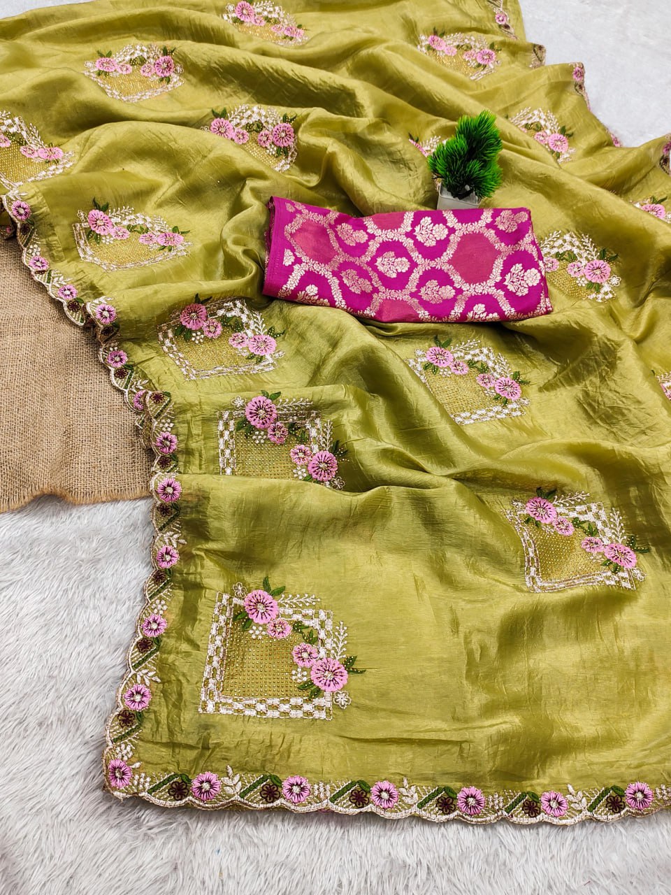 Festive Pure Gold Crush Silk Embroidered Saree with Swarovski Detailing