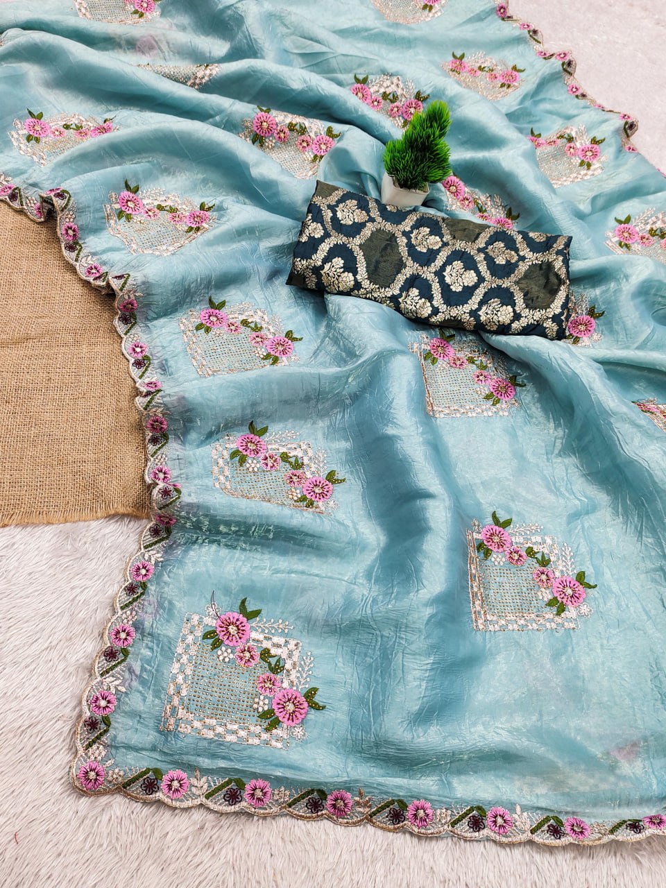 Festive Pure Gold Crush Silk Embroidered Saree with Swarovski Detailing
