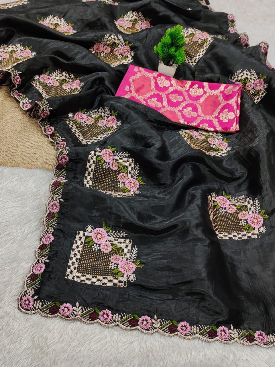 Festive Pure Gold Crush Silk Embroidered Saree with Swarovski Detailing