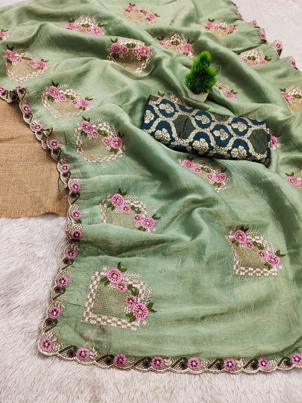 Festive Pure Gold Crush Silk Embroidered Saree with Swarovski Detailing