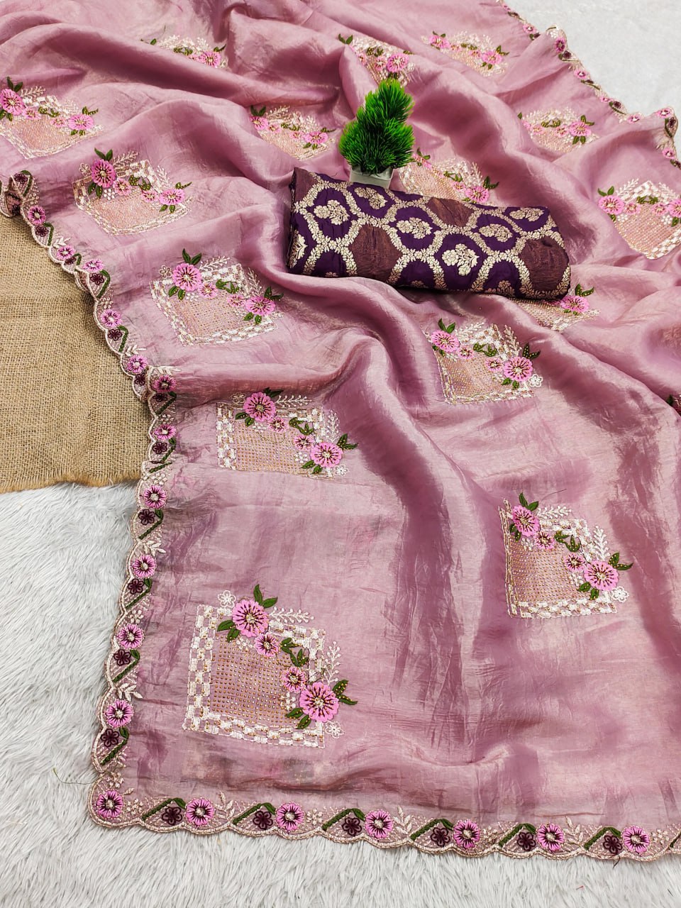 Festive Pure Gold Crush Silk Embroidered Saree with Swarovski Detailing