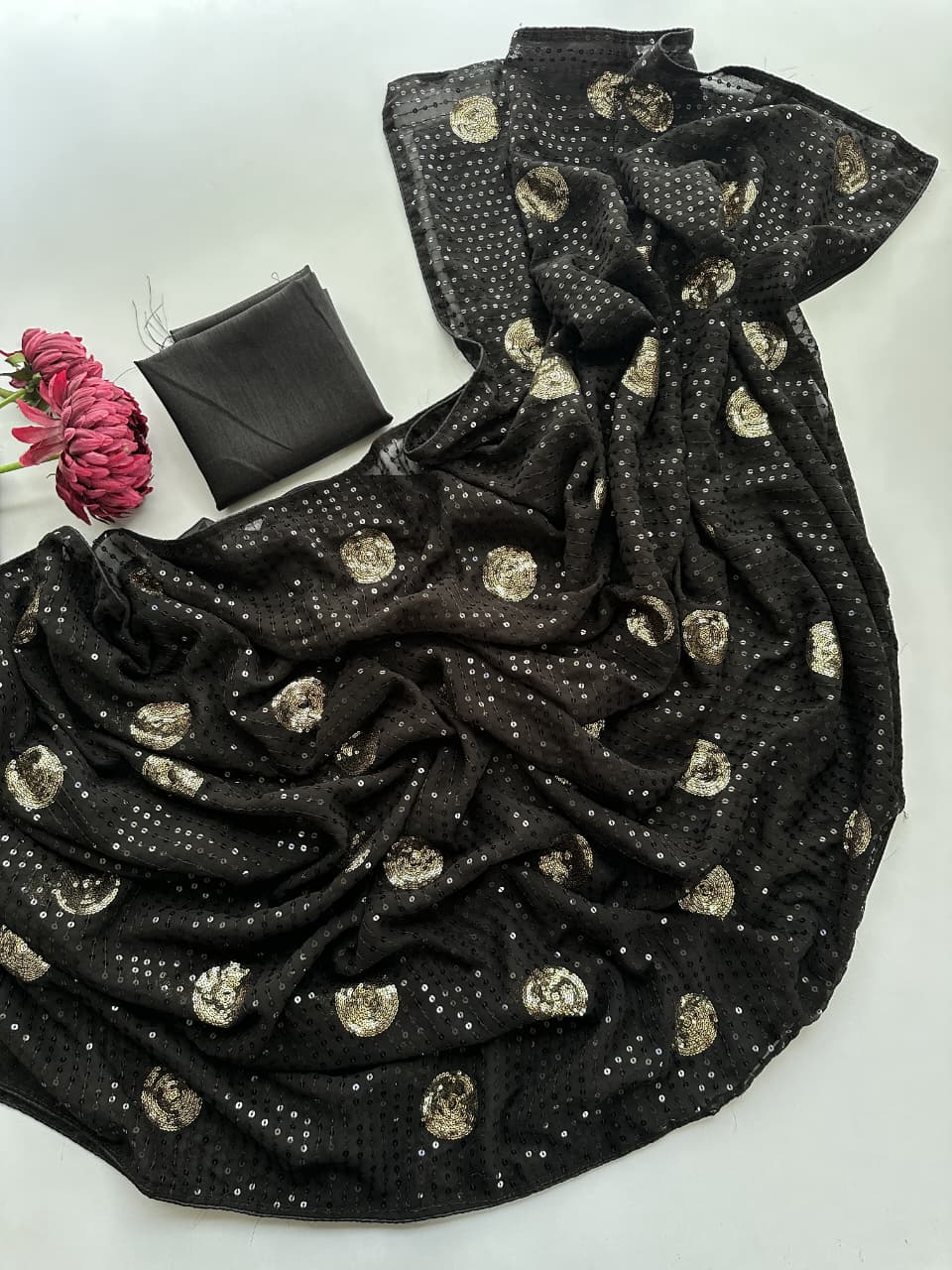 Luxury Georgette Party Wear Saree with Round Box Sequin Work