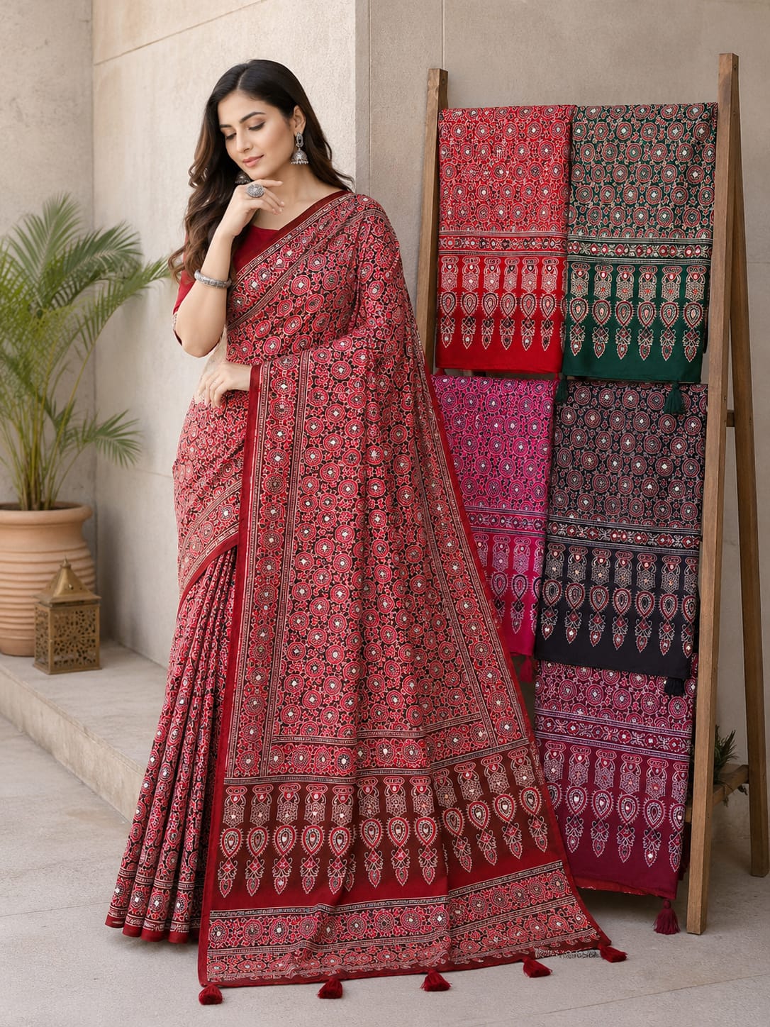 Heavy Japan Satin Designer Ajrakh Print Saree with Mirror & Latkan