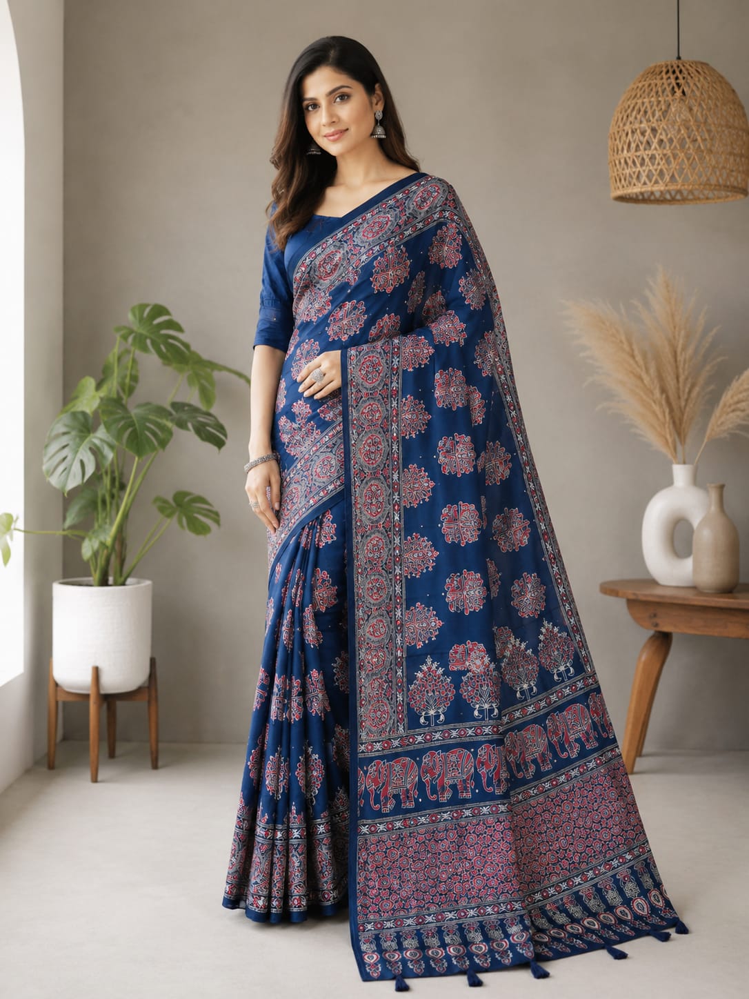 Heavy Japan Satin Designer Ajrakh Print Saree with Mirror & Latkan