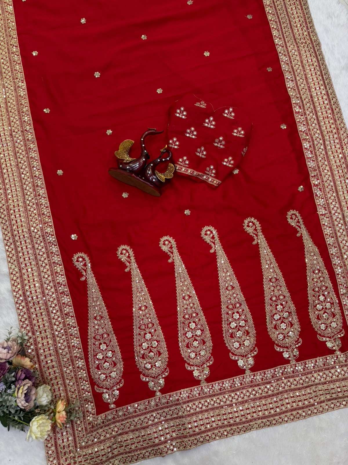 Premium Blooming Vichitra Silk Saree with Sequins & Dori Embroidery Lace Border | Designer Cording Sequins Embroidered Vichitra Silk Blouse