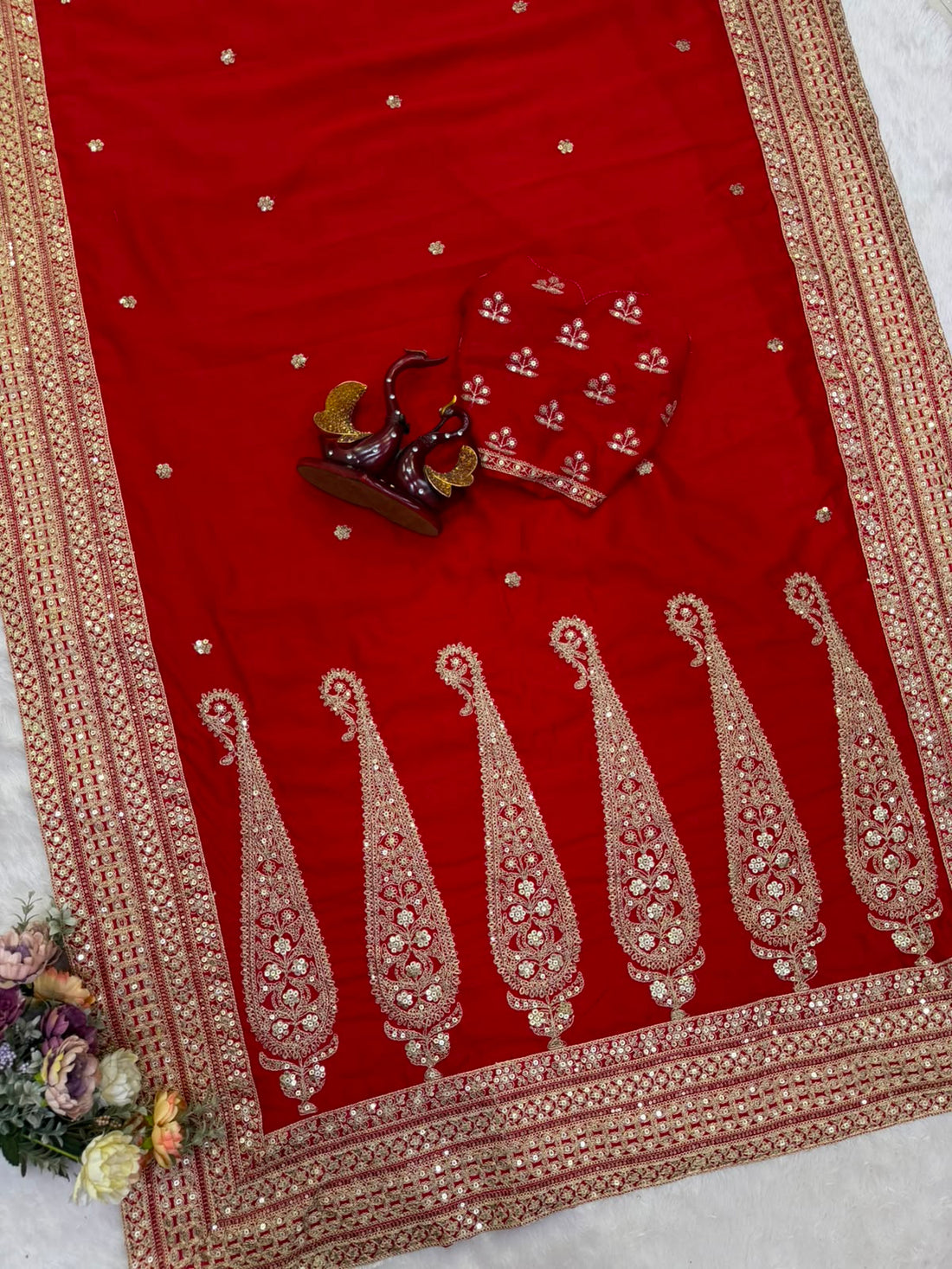 Premium Blooming Vichitra Silk Saree with Sequins & Dori Embroidery Lace Border | Designer Cording Sequins Embroidered Vichitra Silk Blouse
