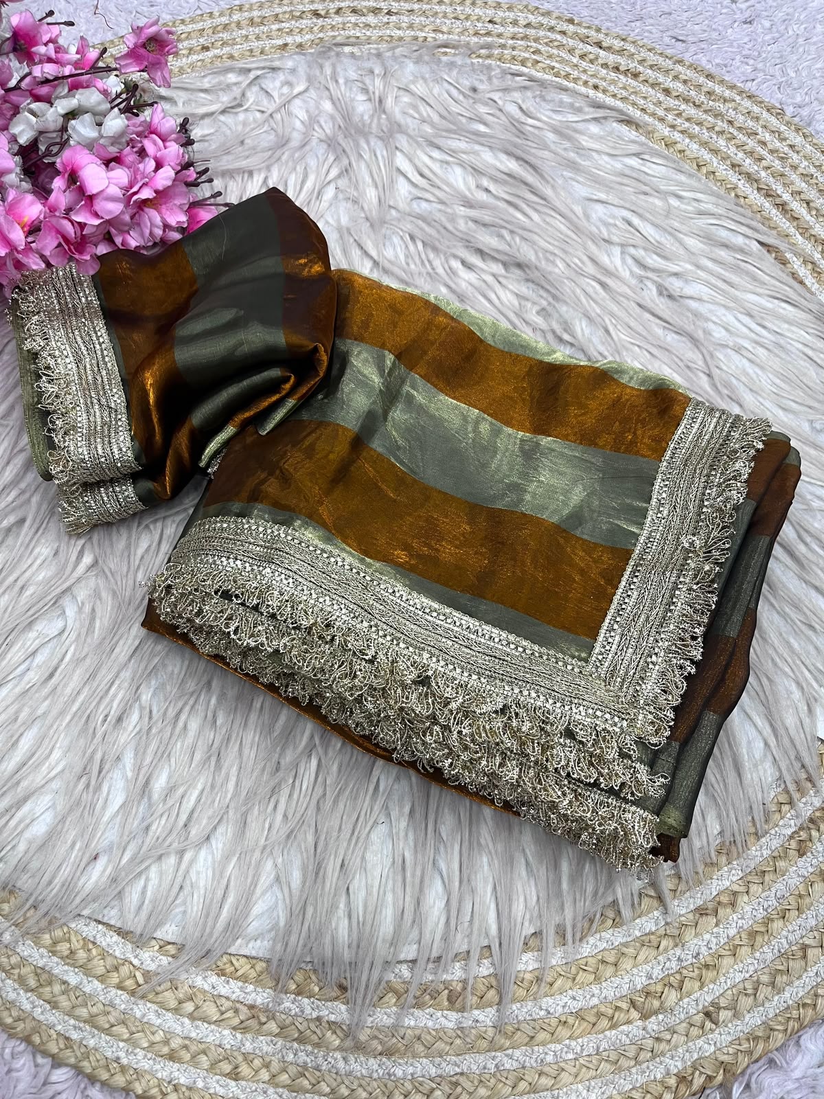 Premium 9 Patta Space Silk Saree with Elegant Designer Lace Border & Matching Space Silk Blouse