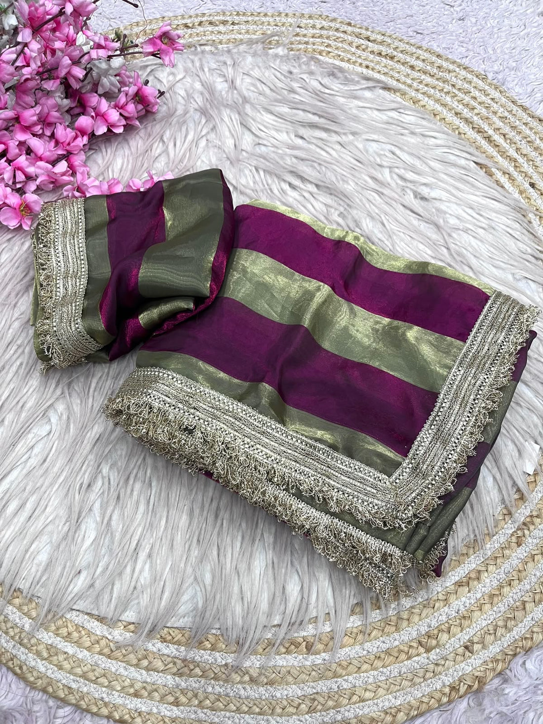 Premium 9 Patta Space Silk Saree with Elegant Designer Lace Border & Matching Space Silk Blouse