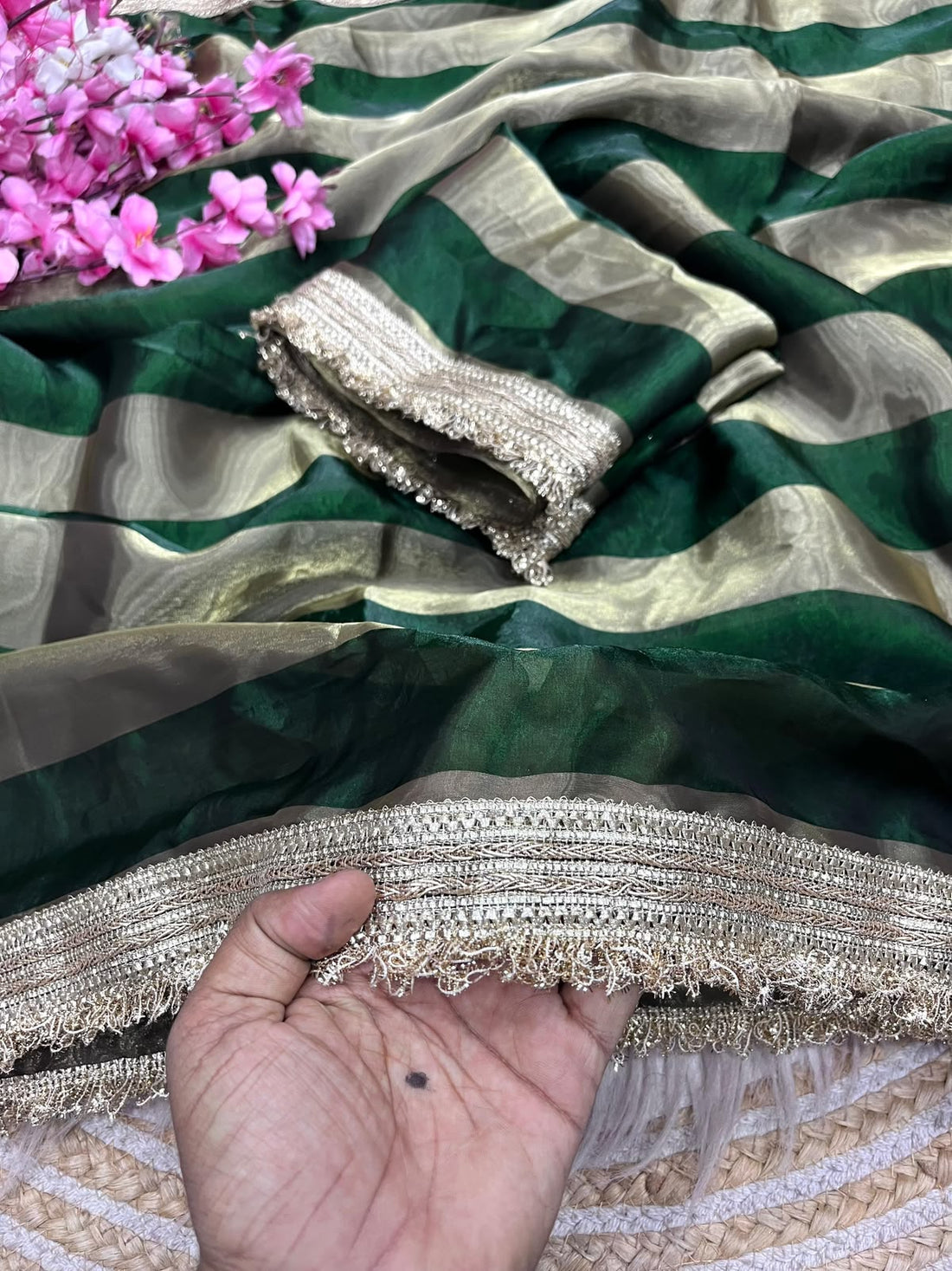 Premium 9 Patta Space Silk Saree with Elegant Designer Lace Border & Matching Space Silk Blouse