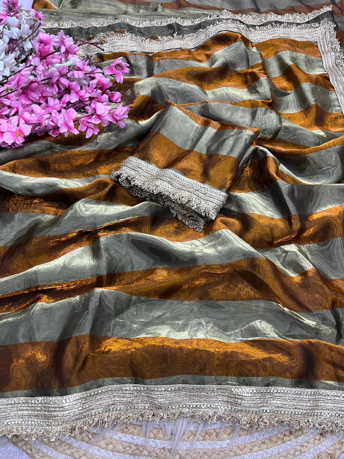 Premium 9 Patta Space Silk Saree with Elegant Designer Lace Border & Matching Space Silk Blouse