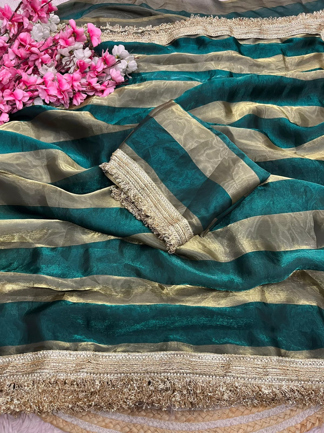 Premium 9 Patta Space Silk Saree with Elegant Designer Lace Border & Matching Space Silk Blouse