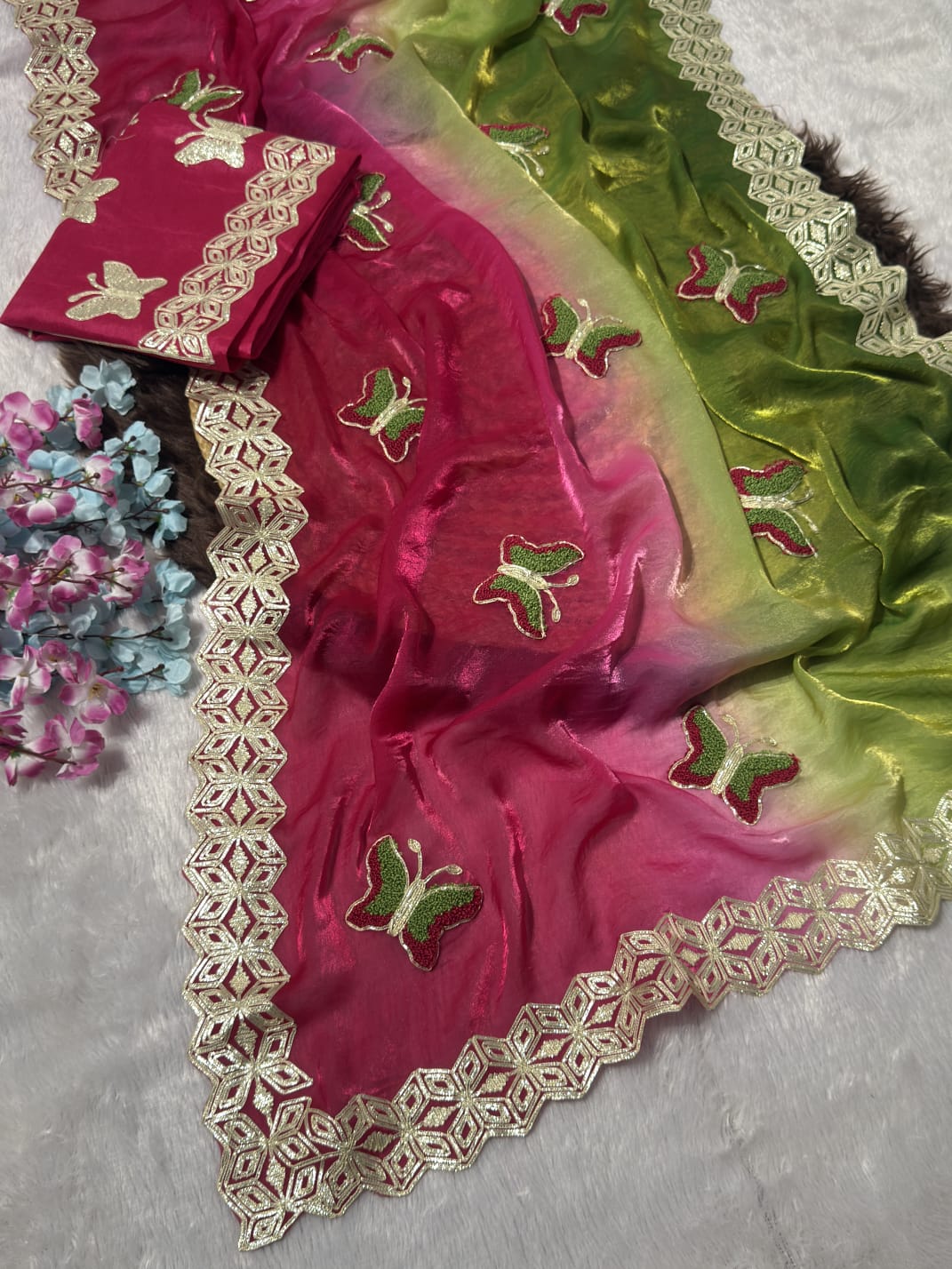 Premium Ribbed Tissue Silk Saree with Original Ribbon Towel Work