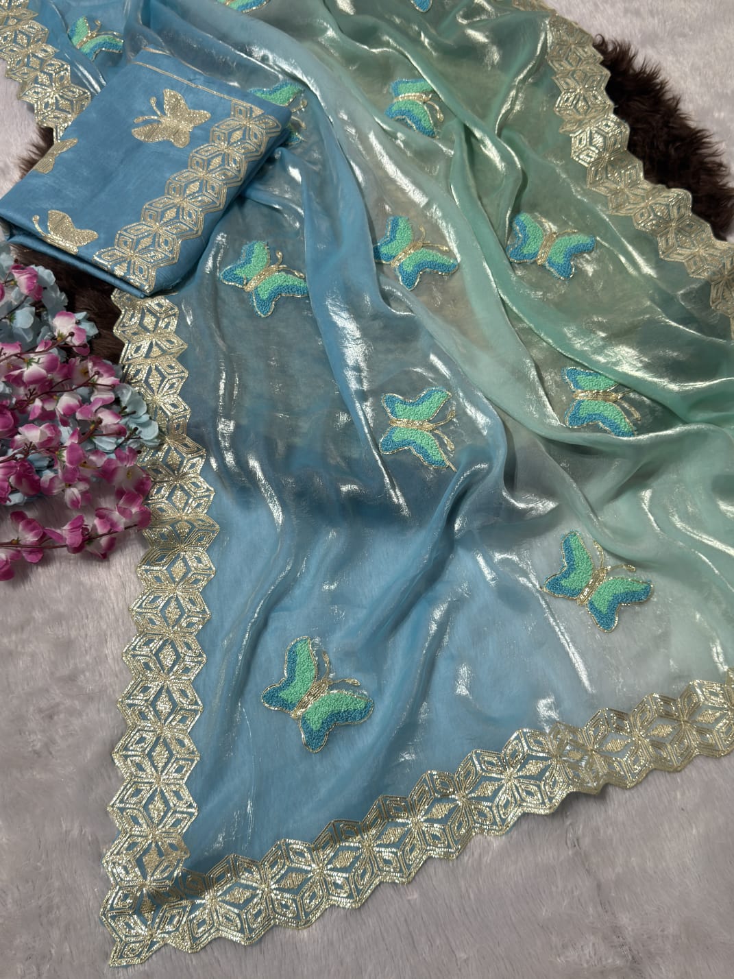 Premium Ribbed Tissue Silk Saree with Original Ribbon Towel Work