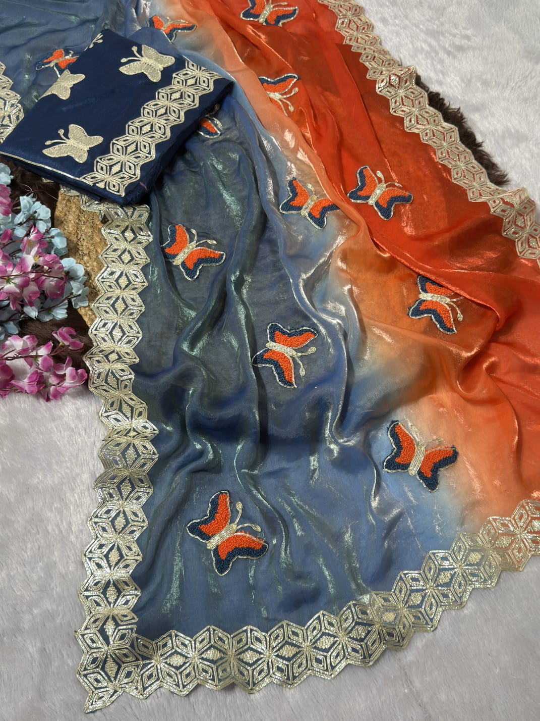 Premium Ribbed Tissue Silk Saree with Original Ribbon Towel Work
