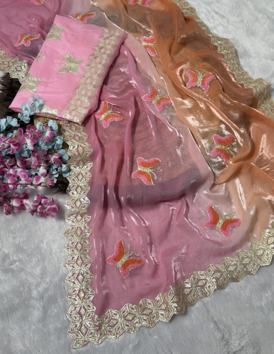 Premium Ribbed Tissue Silk Saree with Original Ribbon Towel Work