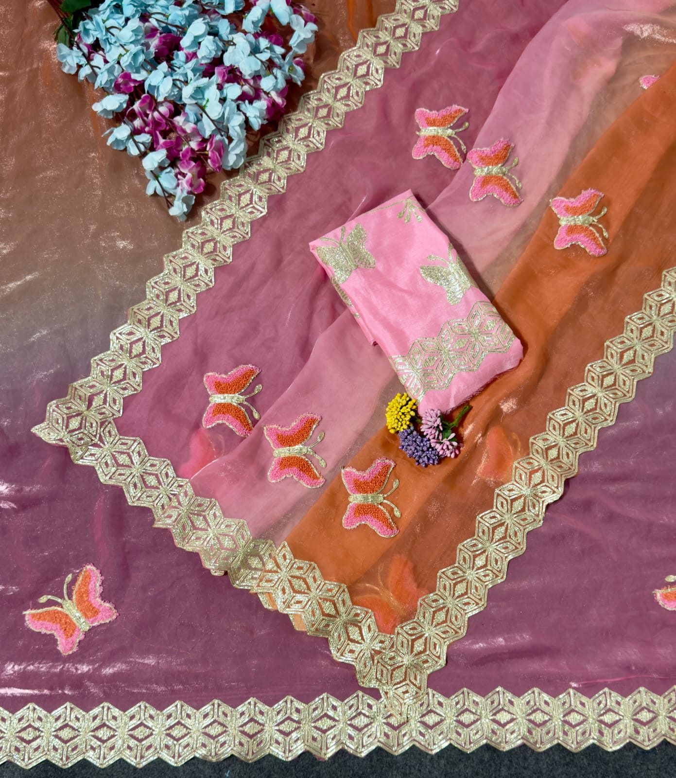 Premium Ribbed Tissue Silk Saree with Original Ribbon Towel Work