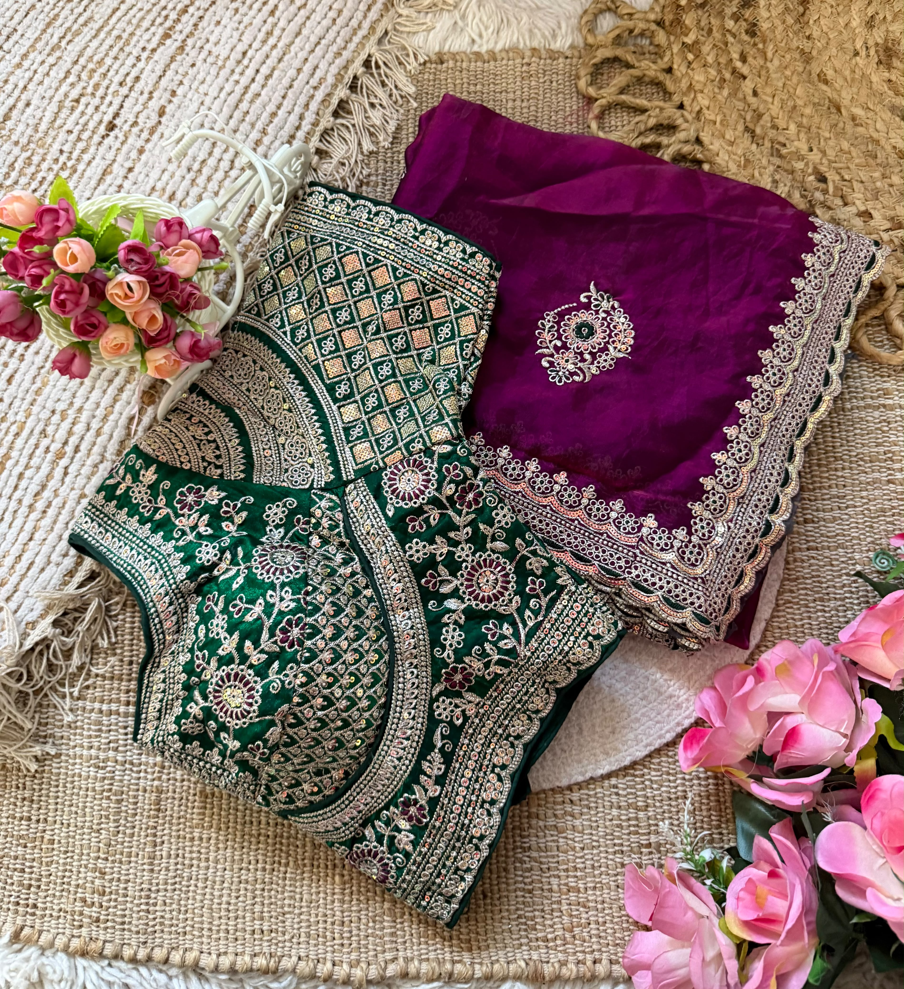 Premium Space Silk Saree with All-Over Multi Sequins & Thread Embroidery | Heavy Designer Contrast Stitched Blouse (Fits 38–42)