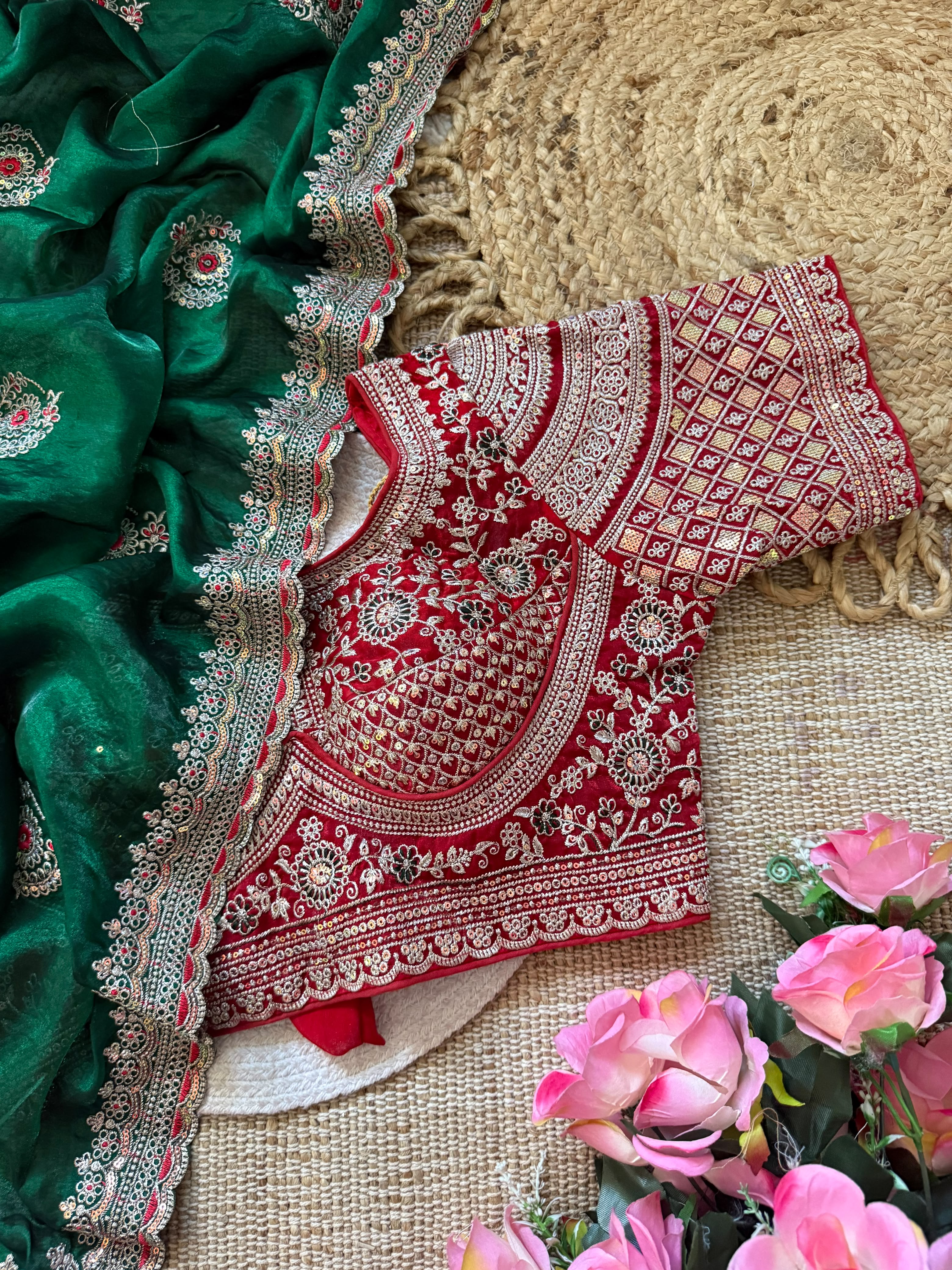 Premium Space Silk Saree with All-Over Multi Sequins & Thread Embroidery | Heavy Designer Contrast Stitched Blouse (Fits 38–42)