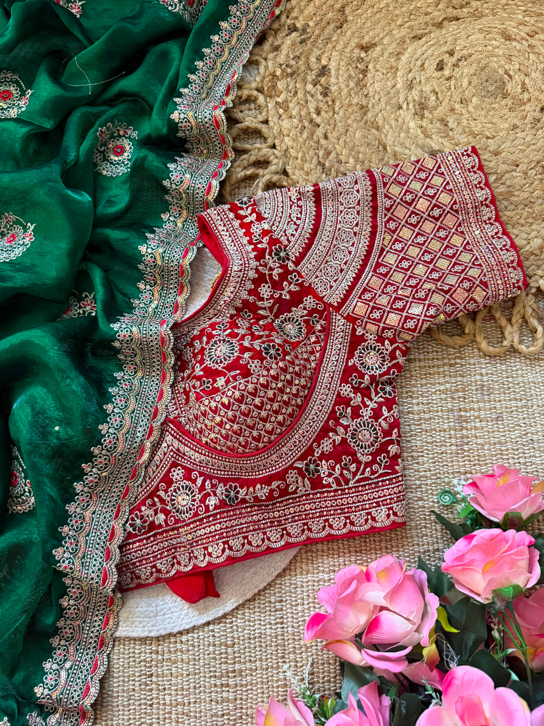 Premium Space Silk Saree with All-Over Multi Sequins & Thread Embroidery | Heavy Designer Contrast Stitched Blouse (Fits 38–42)