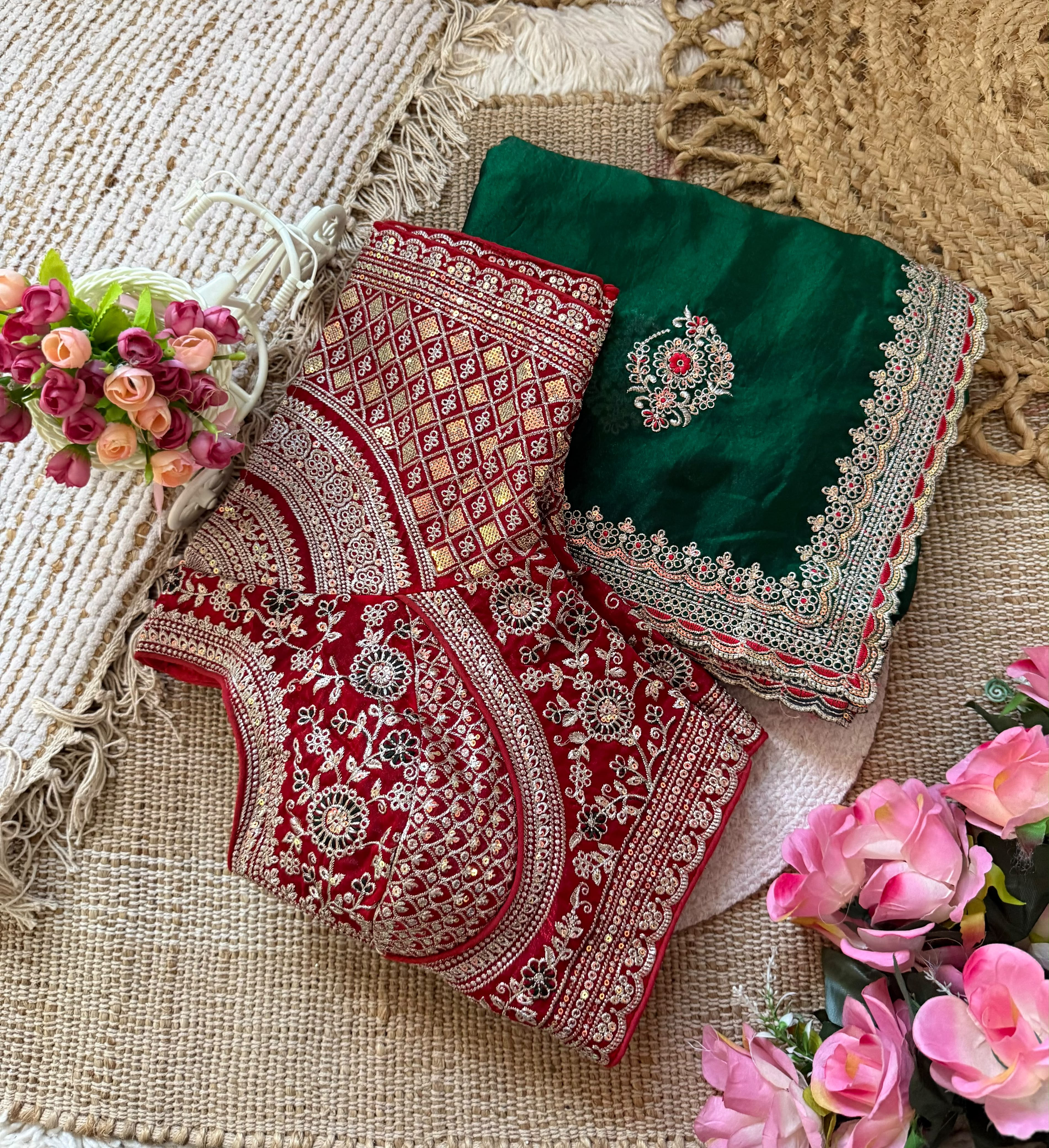 Premium Space Silk Saree with All-Over Multi Sequins & Thread Embroidery | Heavy Designer Contrast Stitched Blouse (Fits 38–42)