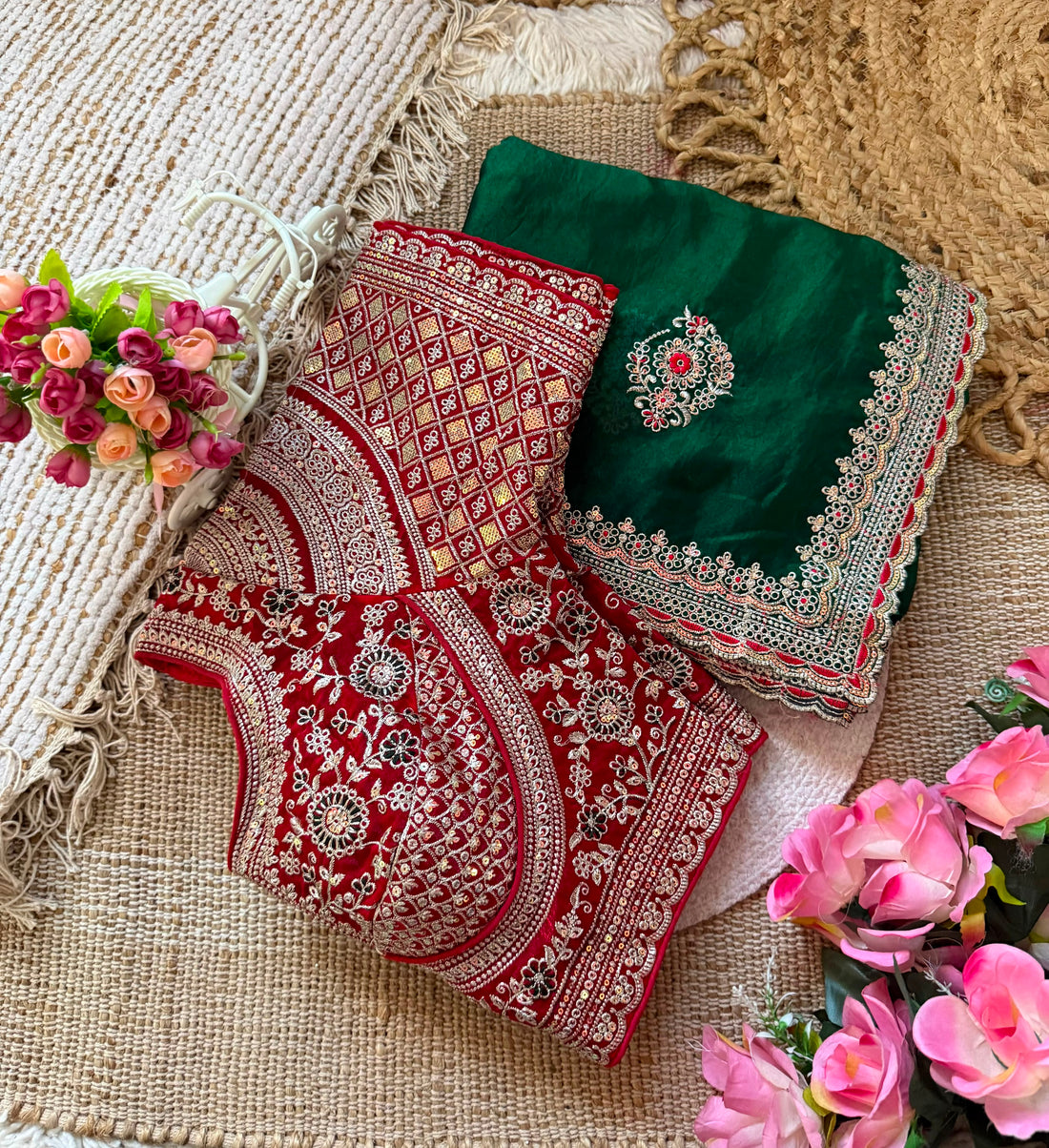 Premium Space Silk Saree with All-Over Multi Sequins & Thread Embroidery | Heavy Designer Contrast Stitched Blouse (Fits 38–42)