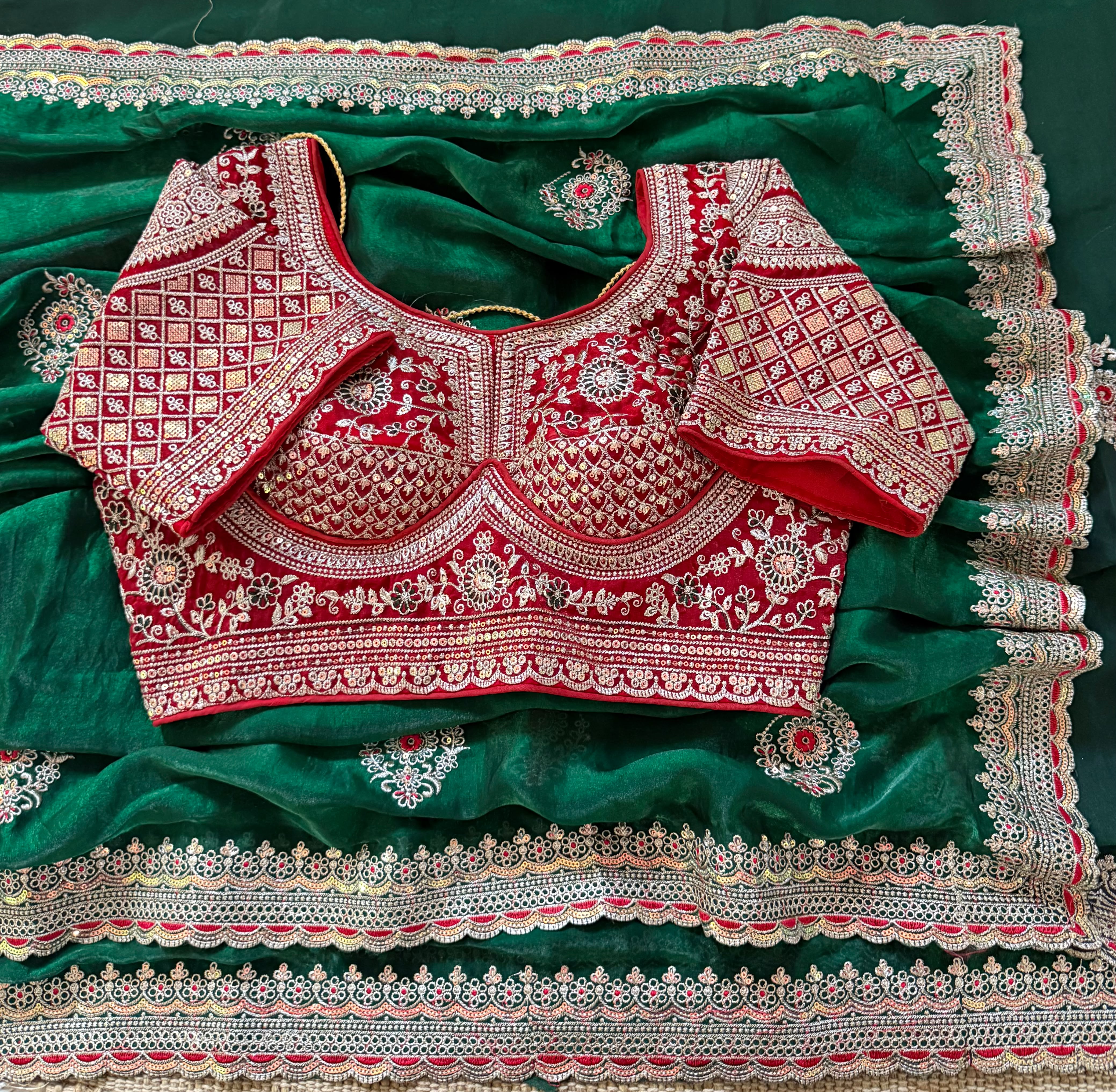 Premium Space Silk Saree with All-Over Multi Sequins & Thread Embroidery | Heavy Designer Contrast Stitched Blouse (Fits 38–42)