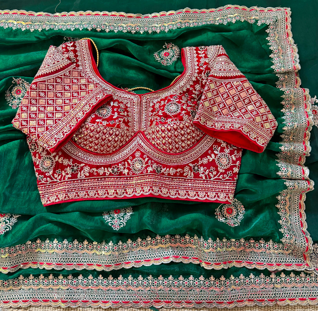 Premium Space Silk Saree with All-Over Multi Sequins & Thread Embroidery | Heavy Designer Contrast Stitched Blouse (Fits 38–42)