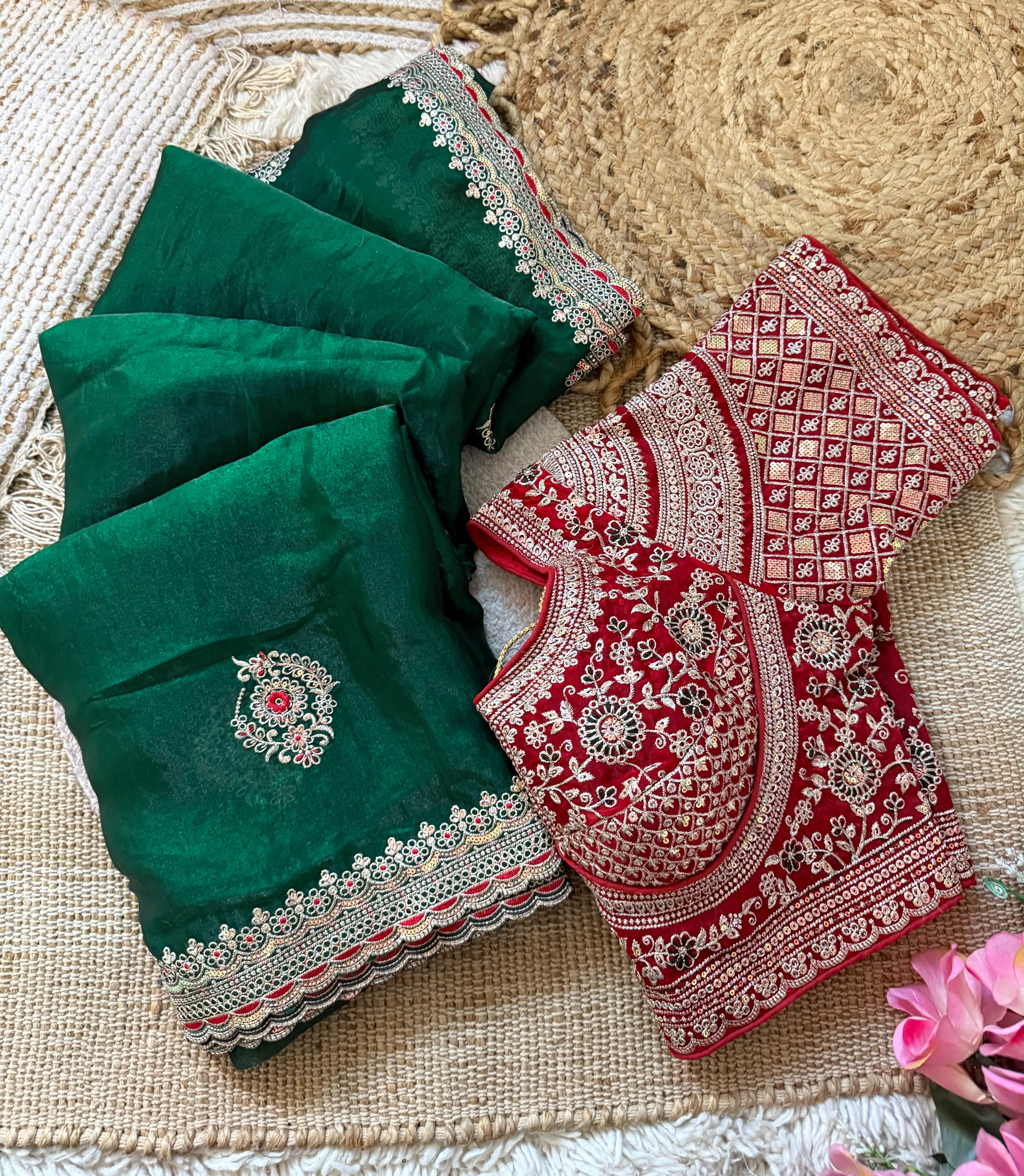 Premium Space Silk Saree with All-Over Multi Sequins & Thread Embroidery | Heavy Designer Contrast Stitched Blouse (Fits 38–42)