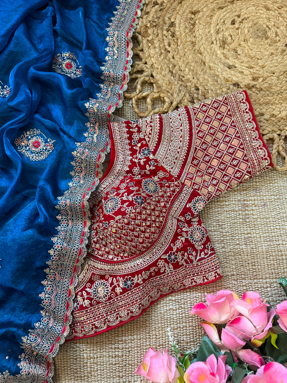 Premium Space Silk Saree with All-Over Multi Sequins & Thread Embroidery | Heavy Designer Contrast Stitched Blouse (Fits 38–42)