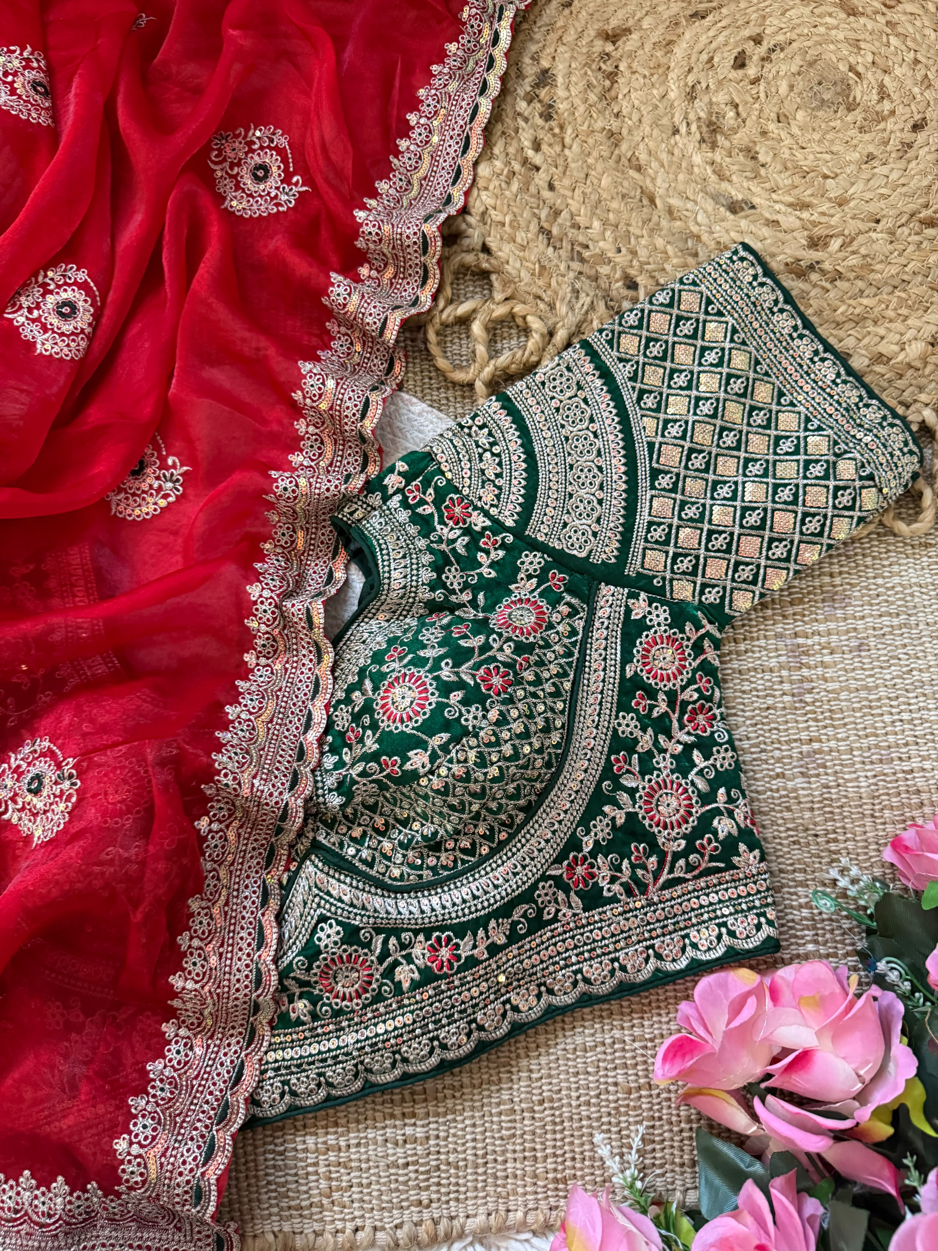 Premium Space Silk Saree with All-Over Multi Sequins & Thread Embroidery | Heavy Designer Contrast Stitched Blouse (Fits 38–42)