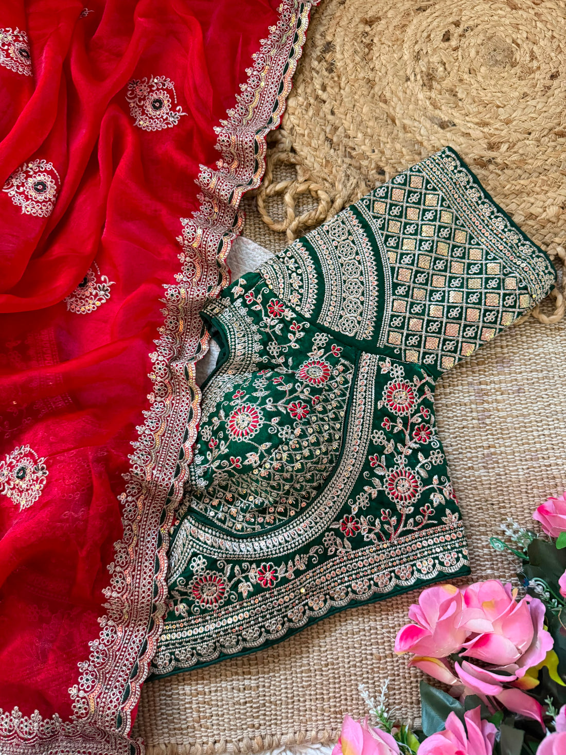 Premium Space Silk Saree with All-Over Multi Sequins & Thread Embroidery | Heavy Designer Contrast Stitched Blouse (Fits 38–42)