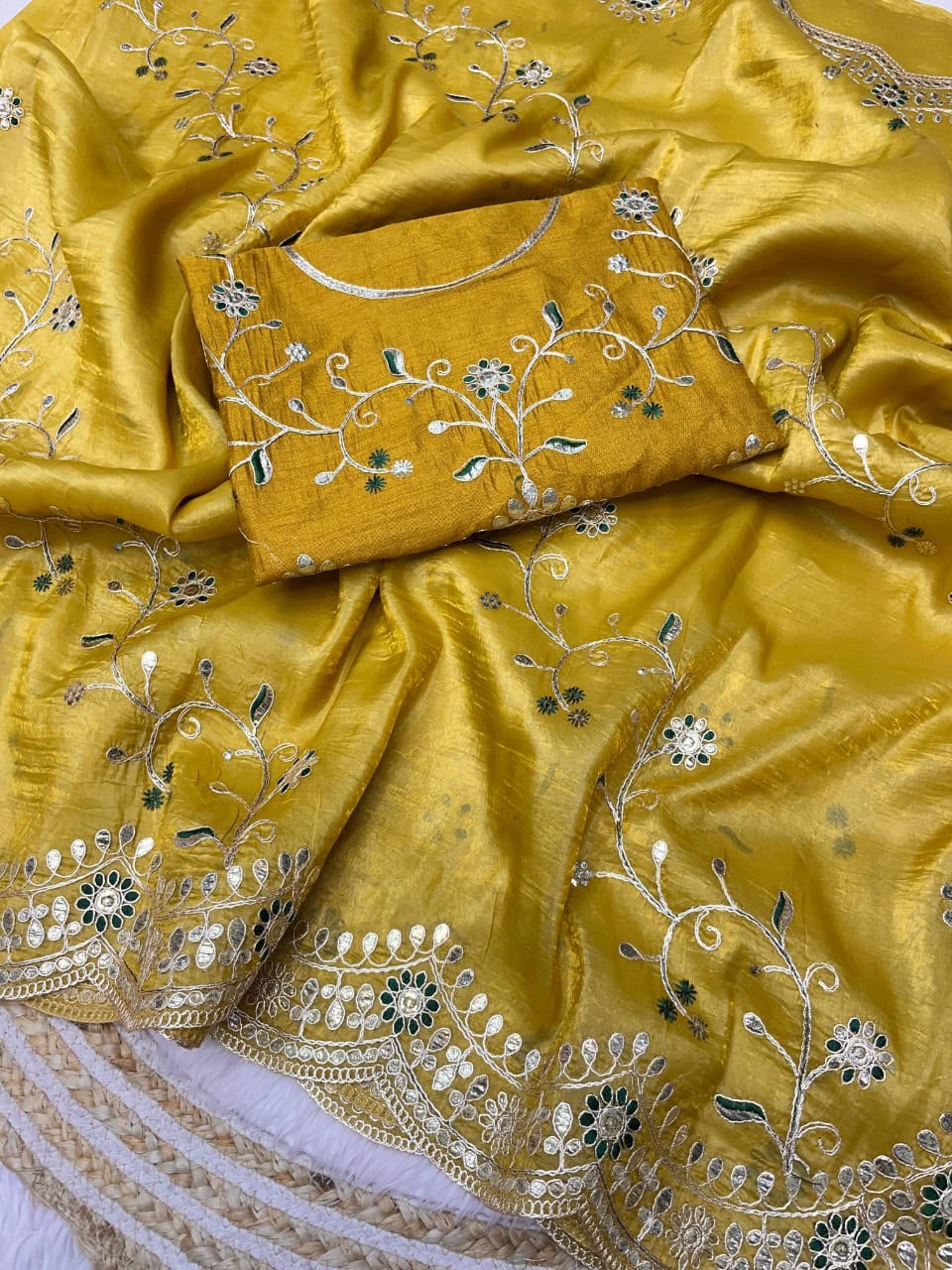 Pure Gold Crush Saree with Designer C-Pallu & Gota Foil Embroidery